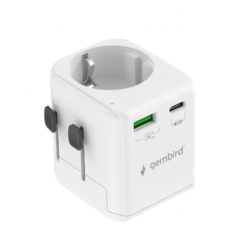 ADAPTOR GEMBIRD, universal, EU la conectori: US/UK/CN/AU, cu impamantare, 1x Schuko, 1x USB Type-C PD 20W, 1x USB-A QC 18W, siguranta 10A, max. 2500W, alb, "TPA-EU1A1C20-01-W"