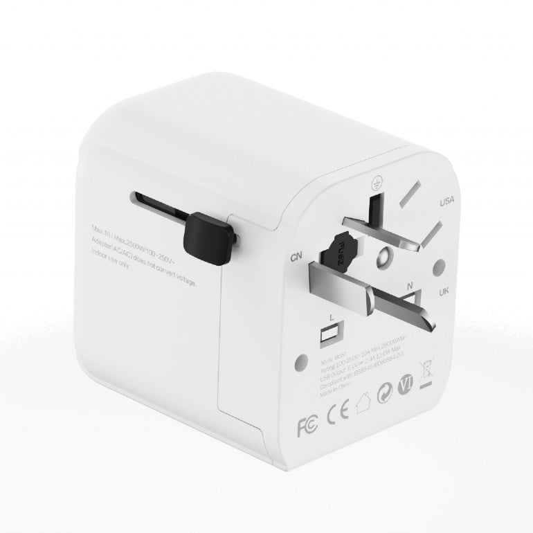 ADAPTOR GEMBIRD, universal, EU la conectori: US/UK/CN/AU, cu impamantare, 1x Schuko, 2x USB-A 12W, siguranta 10A, max. 2500W, alb, "TPA-EU2A12-01-W"