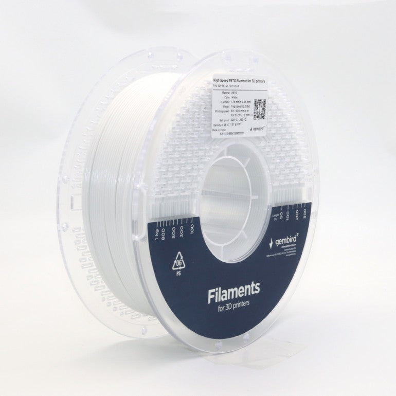 FILAMENT Gembird pt. imprimanta 3d, PETG, 1.75mm diamentru, 1Kg / bobina, topire 220-260 grC, high speed, white, 