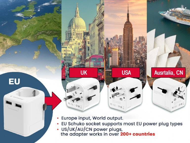 ADAPTOR GEMBIRD, universal, EU la conectori: US/UK/CN/AU, cu impamantare, 1x Schuko, 2x USB-A 12W, siguranta 10A, max. 2500W, alb, "TPA-EU2A12-01-W"