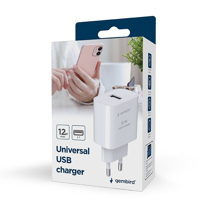 ALIMENTATOR retea 220V GEMBIRD, universal, 1 x USB-A 2.4A , max. 12W, protectie: scurtcircuit, supraincarcare, alb, "TA-UC-1A12-01"