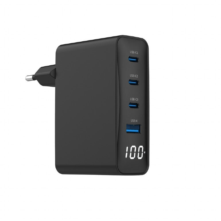 ALIMENTATOR retea 220V GEMBIRD, universal, 1 x USB-A QC3.0 + 3 x USB-C 3A , max. 100W PD GaN, LCD, protectie: scurtcircuit, supraincarcare, supratensiune, supraincalzire, negru, "TA-UC-PDQC100LCD-01-BK"