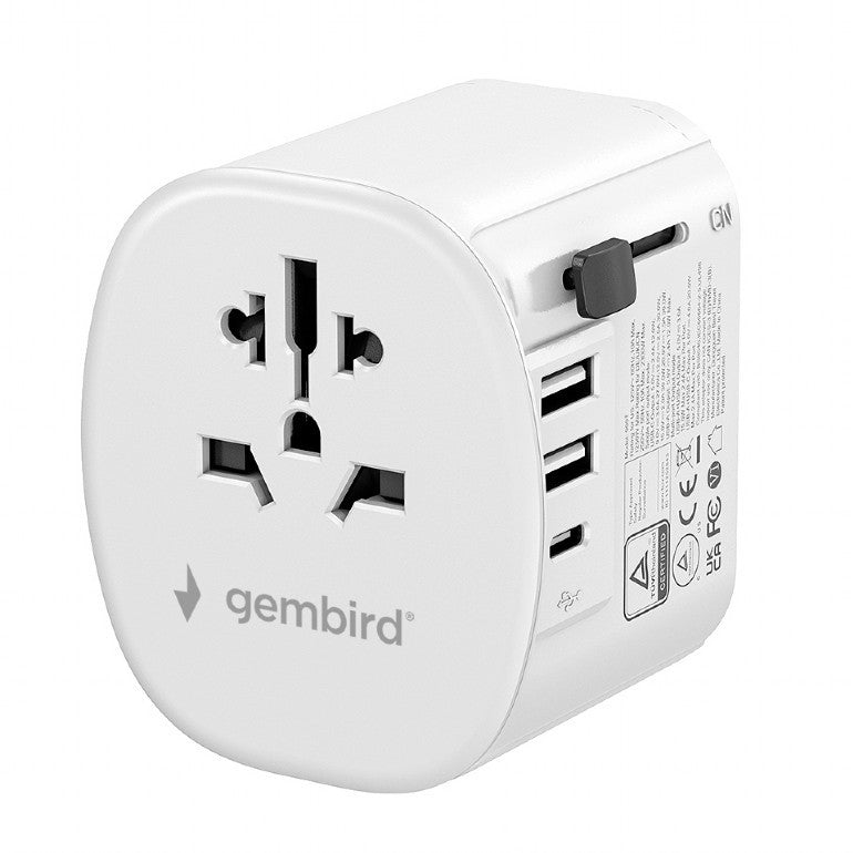 ADAPTOR GEMBIRD, universal, conectori: US/UK/EU/AU, 1x USB Type-C 15W, 2x USB-A 12W, siguranta 10A, max. 2300W, alb, "TPA-EU2A1C15-01-W"