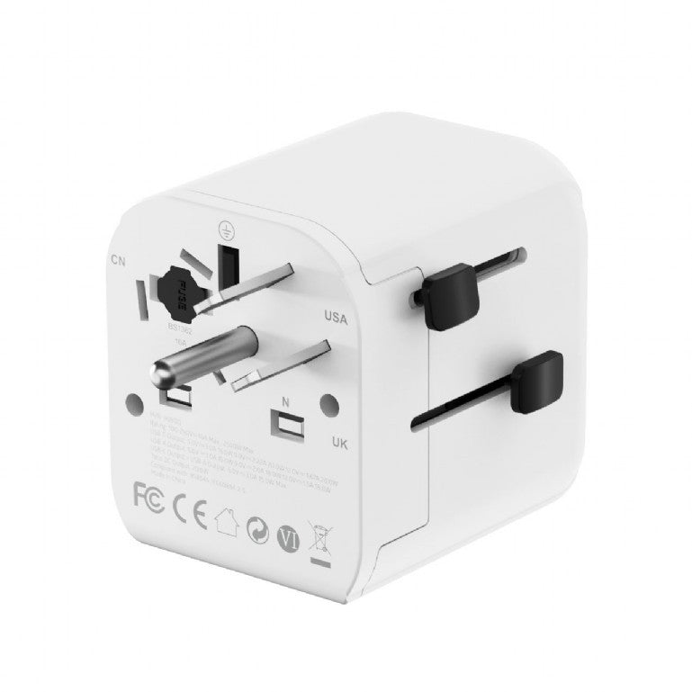 ADAPTOR GEMBIRD, universal, EU la conectori: US/UK/CN/AU, cu impamantare, 1x Schuko, 1x USB Type-C PD 20W, 1x USB-A QC 18W, siguranta 10A, max. 2500W, alb, "TPA-EU1A1C20-01-W"