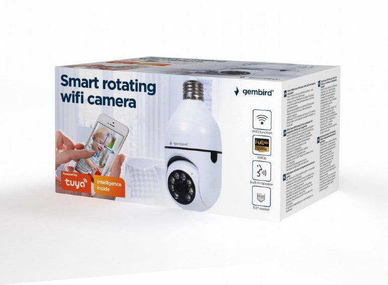 CAMERA IP GEMBIRD, pt. interior, CMOS 2 Mpx, lentile 3.6mm, wi-fi, rezolutie FullHD 1920x1080, video H.264 AVI, microfon, rotatie 355 gr, inclinare 120 gr, carcasa plastic, slot microSD card, Tuya, E27 socket, (timbru verde 0.8 lei)