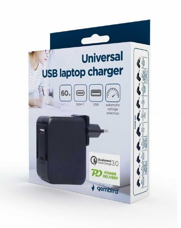 ALIMENTATOR Notebook Universal AC-DC, GEMBIRD, 60W - tensiuni 5V-20V DC la 4.5 A max, 1x USB-A + 1x USB Type-C, conectori M4/M5/M6/M7/M8/M12/M19/M20/M21/M28, cablu 1.5m, negru, "NPA-PD60-01"