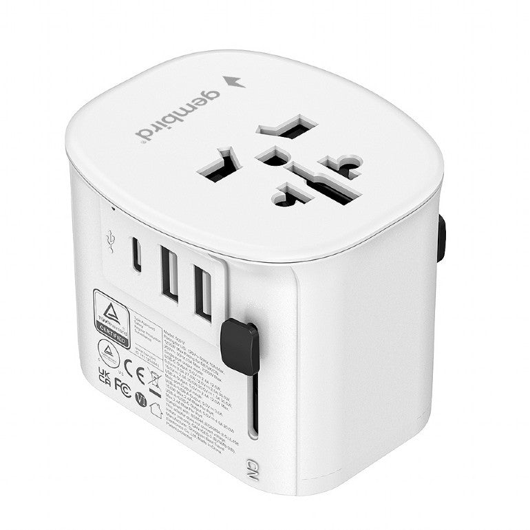 ADAPTOR GEMBIRD, universal, conectori: US/UK/EU/AU, 1x USB Type-C 15W, 2x USB-A 12W, siguranta 10A, max. 2300W, alb, "TPA-EU2A1C15-01-W"