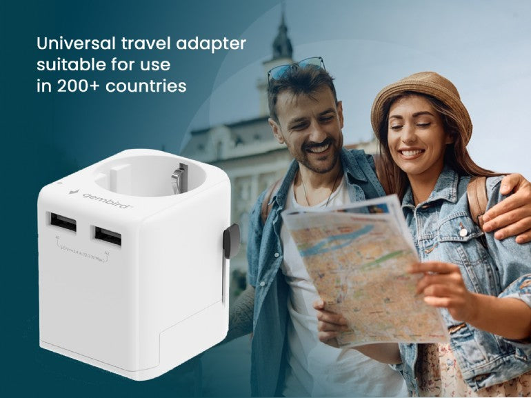 ADAPTOR GEMBIRD, universal, EU la conectori: US/UK/CN/AU, cu impamantare, 1x Schuko, 2x USB-A 12W, siguranta 10A, max. 2500W, alb, "TPA-EU2A12-01-W"