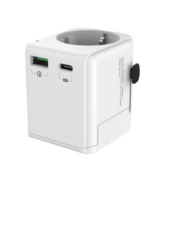ADAPTOR GEMBIRD, universal, EU la conectori: US/UK/CN/AU, cu impamantare, 1x Schuko, 1x USB Type-C PD 20W, 1x USB-A QC 18W, siguranta 10A, max. 2500W, alb, "TPA-EU1A1C20-01-W"