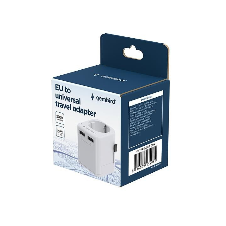 ADAPTOR GEMBIRD, universal, EU la conectori: US/UK/CN/AU, cu impamantare, 1x Schuko, 2x USB-A 12W, siguranta 10A, max. 2500W, alb, "TPA-EU2A12-01-W"