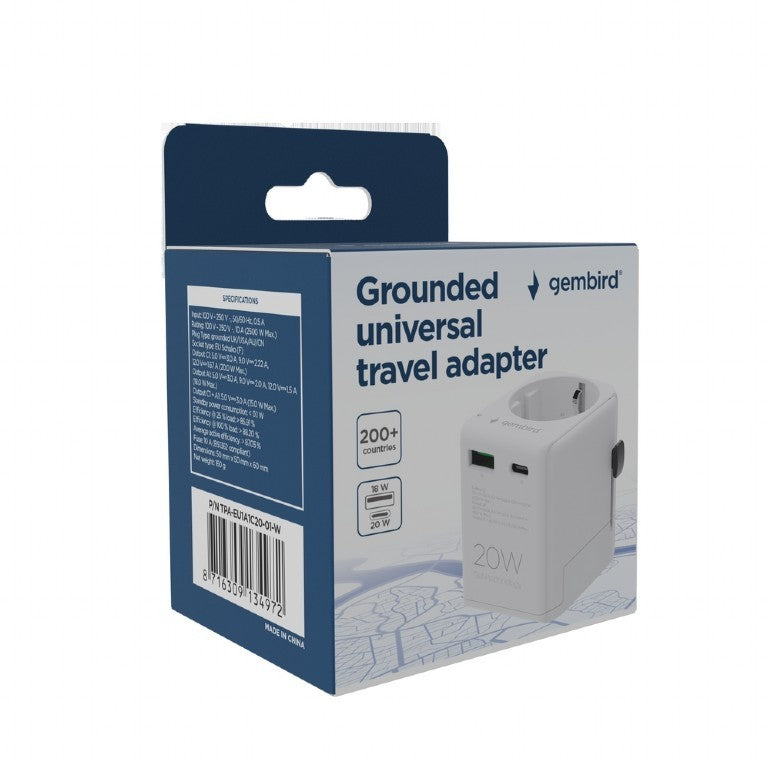 ADAPTOR GEMBIRD, universal, EU la conectori: US/UK/CN/AU, cu impamantare, 1x Schuko, 1x USB Type-C PD 20W, 1x USB-A QC 18W, siguranta 10A, max. 2500W, alb, "TPA-EU1A1C20-01-W"
