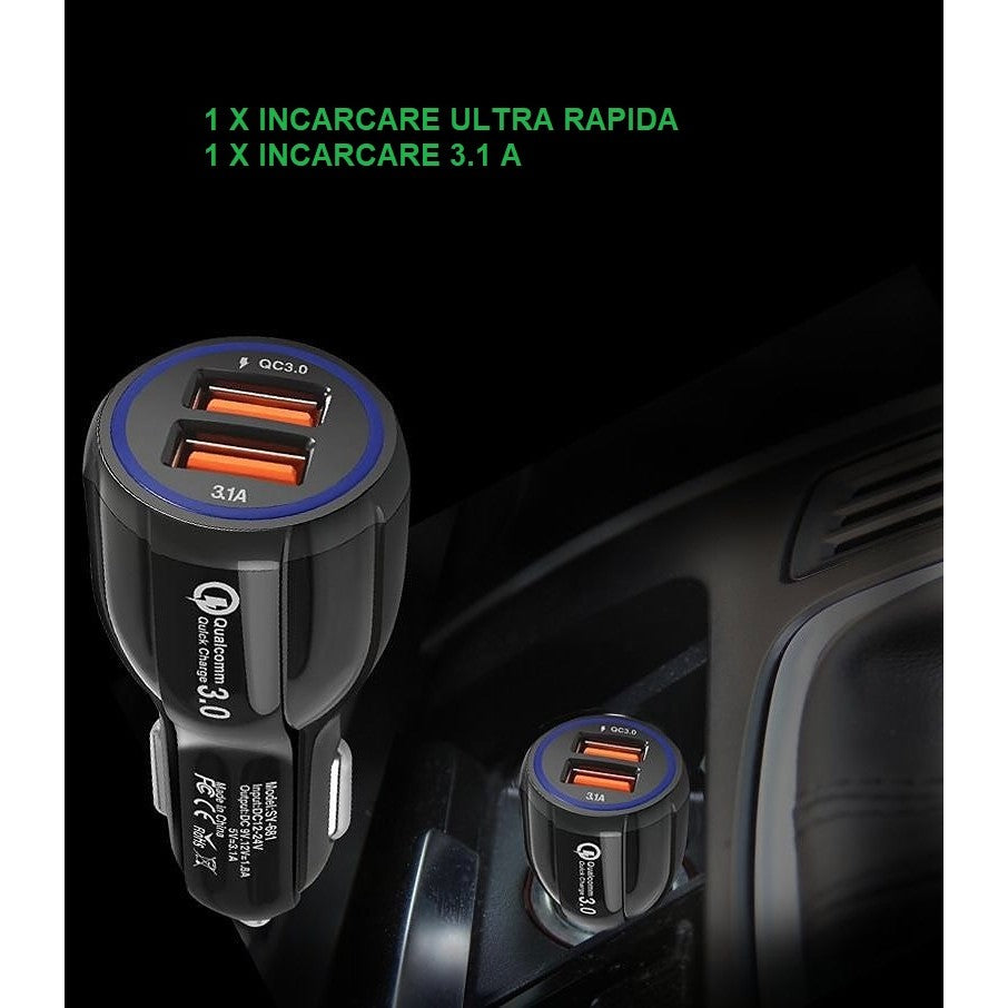 Incarcator Auto, Pentru Bricheta, Incarcare Rapida, Interfata USB, 12V-24V, Negru