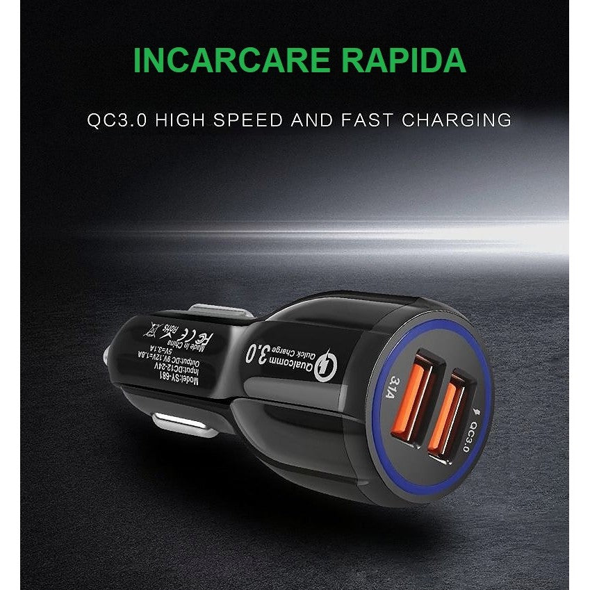 Incarcator Auto, Pentru Bricheta, Incarcare Rapida, Interfata USB, 12V-24V, Negru