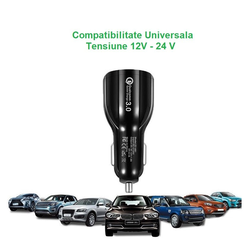 Incarcator Auto, Pentru Bricheta, Incarcare Rapida, Interfata USB, 12V-24V, Negru