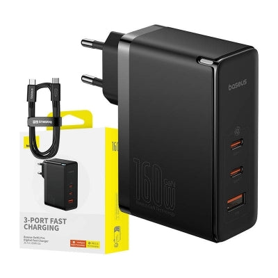 INCARCATOR RETEA Baseus GaN5 Pro Digital,Quick Charge 160W,2xUSB Type-C Output 5V/3A,1xUSB,(include cablu USB Type-C la USB Type-C de 240W),negru"P10110825113-00"-6932172635046