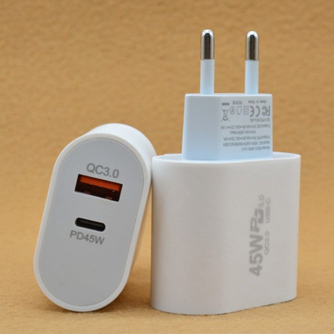 Incarcator Fast Charge pentru Telefon, Power Delivery 45W, Dual Port USB-A Q.C 3.0 si Type-C PD45W, Compatibil cu orice Telefon, Alb