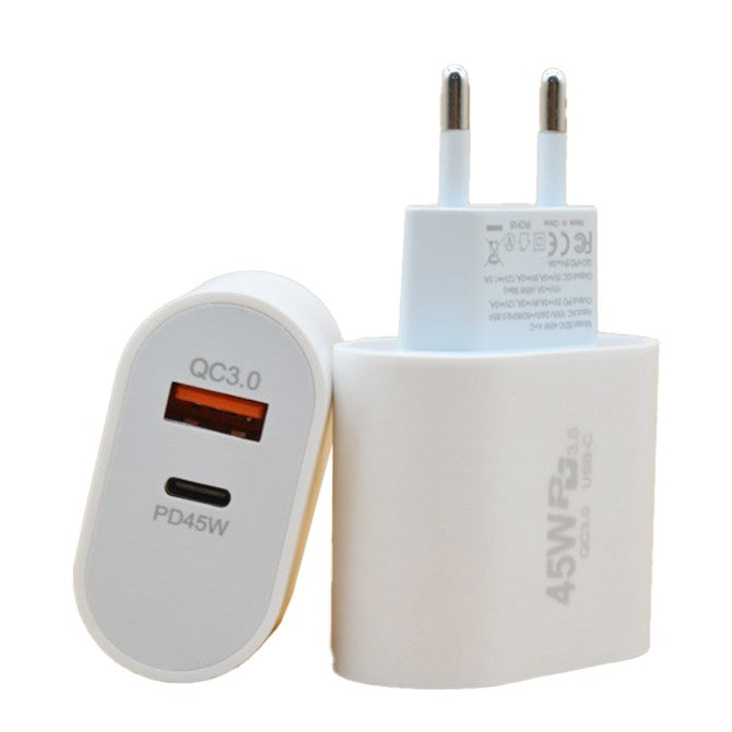 Incarcator Fast Charge pentru Telefon, Power Delivery 45W, Dual Port USB-A Q.C 3.0 si Type-C PD45W, Compatibil cu orice Telefon, Alb