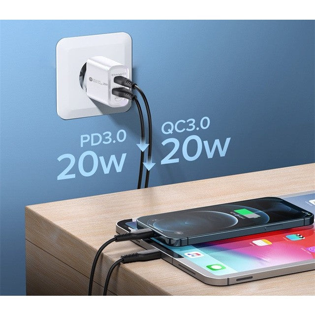 Incarcator Rapid PD QC3.0, 2 Porturi, USB + Type C, 20W, Incarcare Rapida, Protectie Supraincalzire, 9.5 x 5.3 x 5.8 cm, Alb