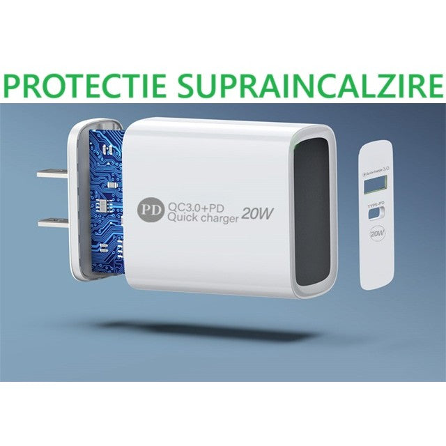 Incarcator Rapid PD QC3.0, 2 Porturi, USB + Type C, 20W, Incarcare Rapida, Protectie Supraincalzire, 9.5 x 5.3 x 5.8 cm, Alb