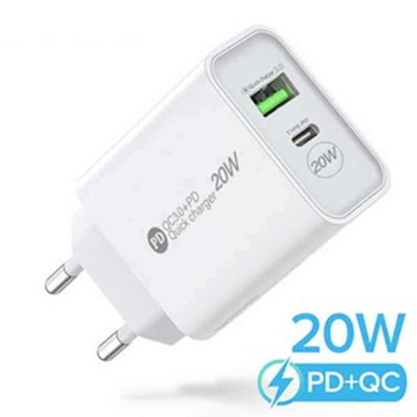 Incarcator Rapid PD QC3.0, 2 Porturi, USB + Type C, 20W, Incarcare Rapida, Protectie Supraincalzire, 9.5 x 5.3 x 5.8 cm, Alb