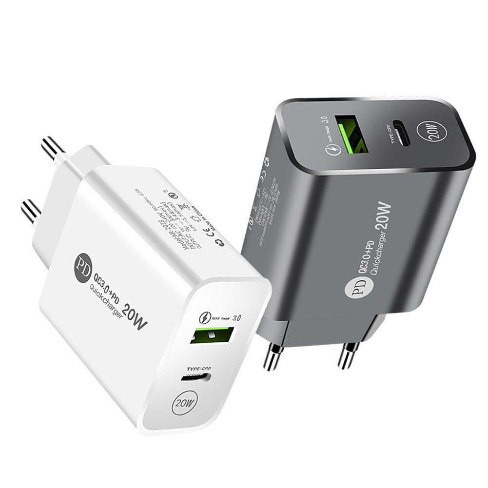 Incarcator Rapid PD QC3.0, 2 Porturi, USB + Type C, 20W, Incarcare Rapida, Protectie Supraincalzire, 9.5 x 5.3 x 5.8 cm, Alb