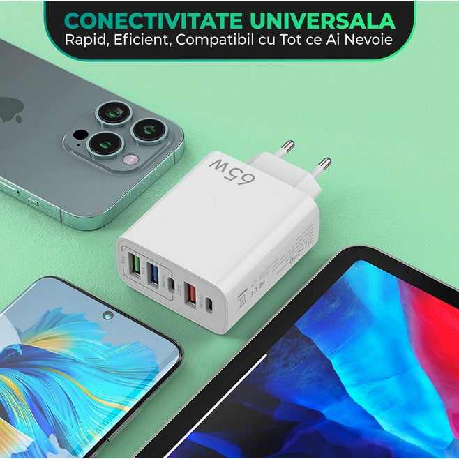 Incarcator Retea, 5 Porturi, 65W Fast Charge, 3 x USB, 2 x Type-C, Universal Compatibil iPhone, Huawei, Samsung, Xiaomi, Alb