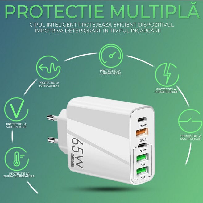 Incarcator Retea, 5 Porturi, 65W Fast Charge, 3 x USB, 2 x Type-C, Universal Compatibil iPhone, Huawei, Samsung, Xiaomi, Alb