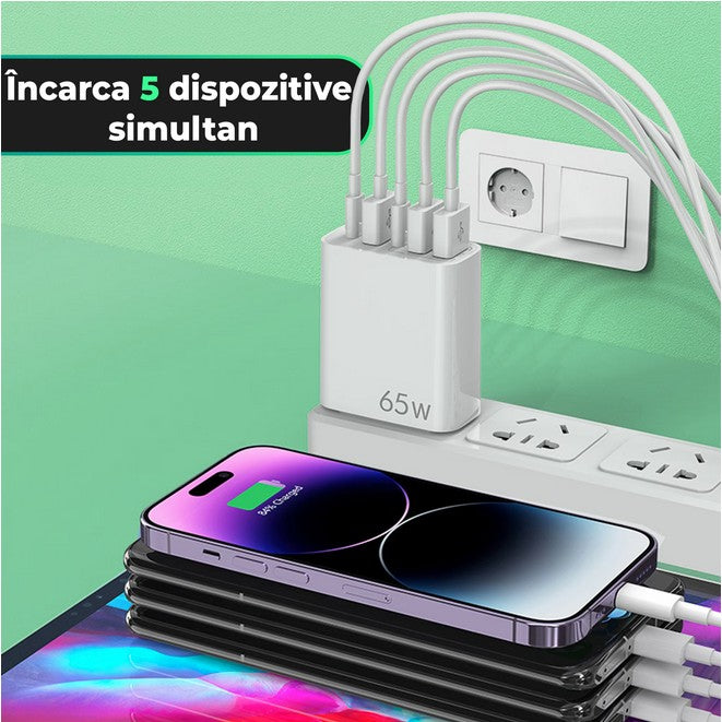 Incarcator Retea, 5 Porturi, 65W Fast Charge, 3 x USB, 2 x Type-C, Universal Compatibil iPhone, Huawei, Samsung, Xiaomi, Alb
