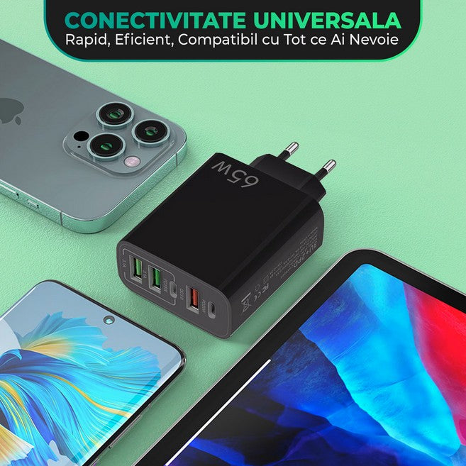 Incarcator Retea, 5 Porturi, 65W Fast Charge, 3 x USB, 2 x Type-C, Universal Compatibil iPhone, Huawei, Samsung, Xiaomi, Negru