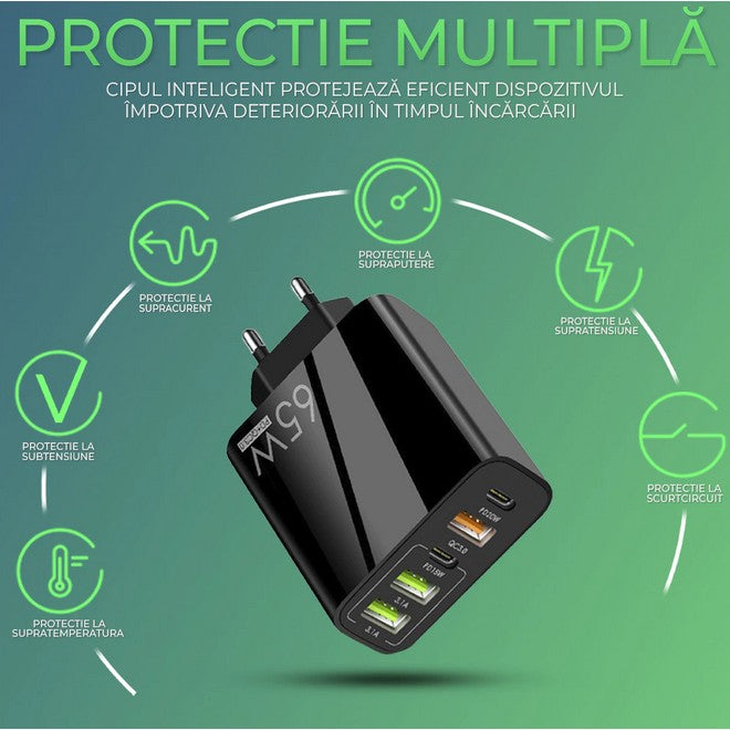 Incarcator Retea, 5 Porturi, 65W Fast Charge, 3 x USB, 2 x Type-C, Universal Compatibil iPhone, Huawei, Samsung, Xiaomi, Negru