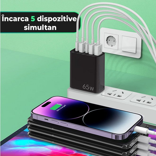 Incarcator Retea, 5 Porturi, 65W Fast Charge, 3 x USB, 2 x Type-C, Universal Compatibil iPhone, Huawei, Samsung, Xiaomi, Negru
