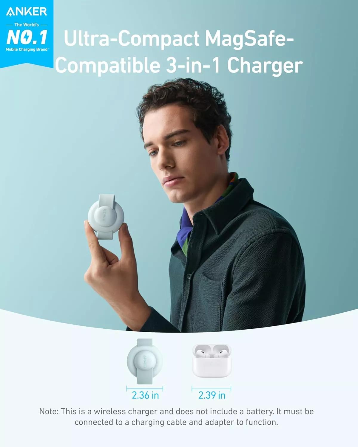 Stand cu incarcare wireless 3 in 1 Anker, MagGo 3-in-1, 15W, portabil, pliabil, fast charge, pentru iPhone seriile 12-16, Apple Watch, AirPods, 1 x USB-C incarcare, verde, "B25M8H61" - 0194644286712