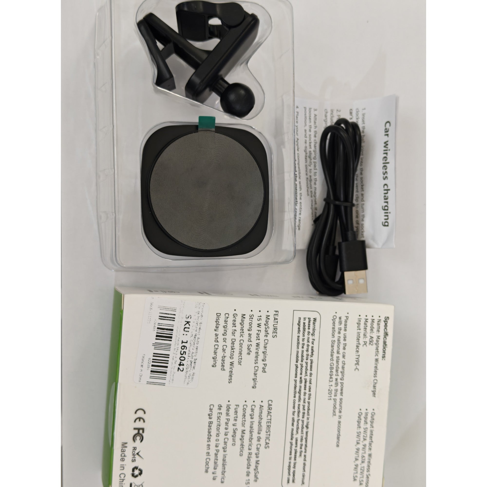 Incarcator Wireless Auto pentru Telefon, Statie de Incarcare Magnetica Auto pentru Masina, 15W, 7 x 7 x 6.3 cm, Compatibil cu iOS/Android, Negru