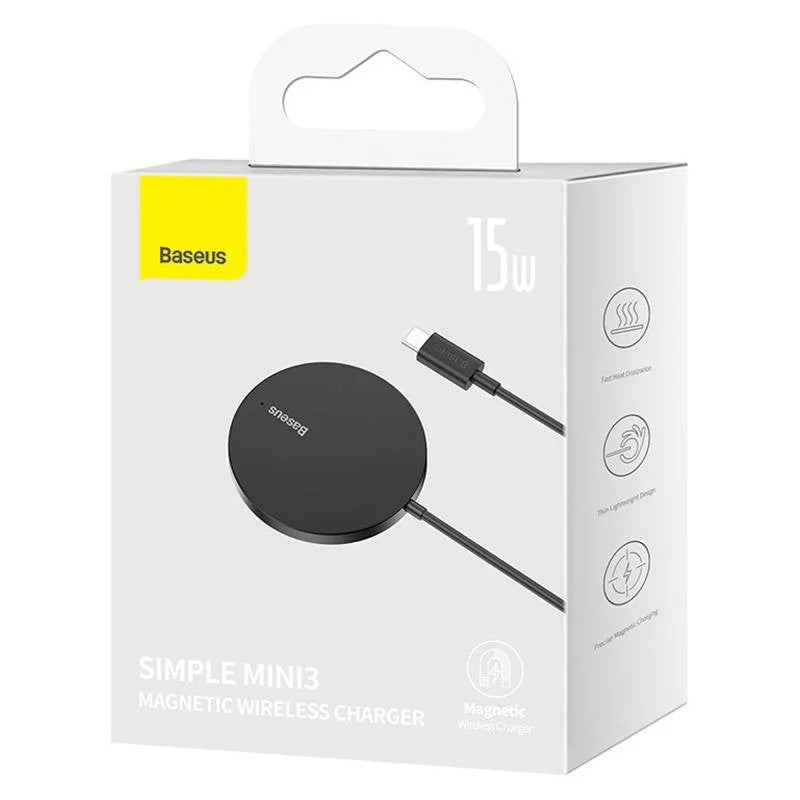 INCARCATOR wireless Baseus Simple Mini3 15W, magnetic, compatibilitate smartphones, cablu Type-C la Type-C inclus, negru "CCJJ040001" - 6932172618643