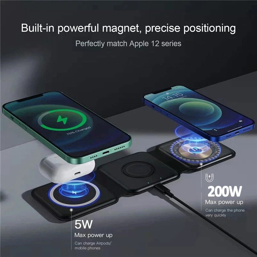 Incarcator Wireless Magnetic/Pliabil 3in1, Multifunctional de Birou, 15W, Compatibil cu iOS/Android, 25 x 7.5 x 1 cm, Negru