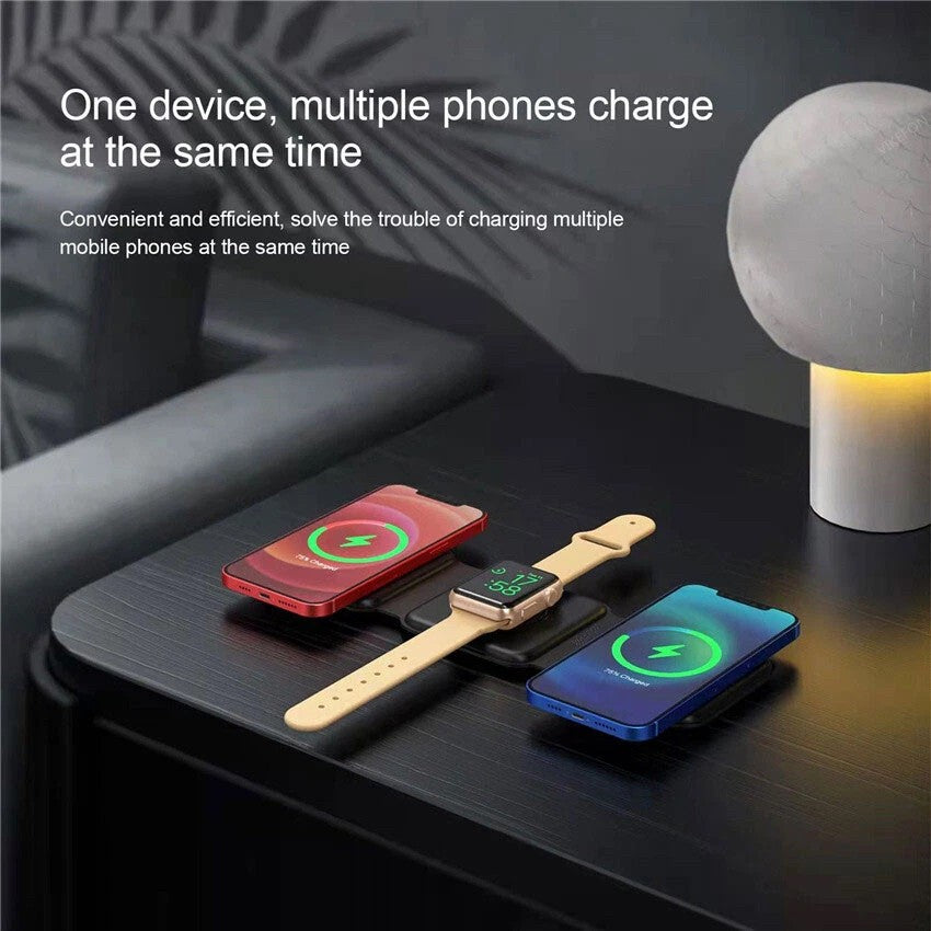 Incarcator Wireless Magnetic/Pliabil 3in1, Multifunctional de Birou, 15W, Compatibil cu iOS/Android, 25 x 7.5 x 1 cm, Negru