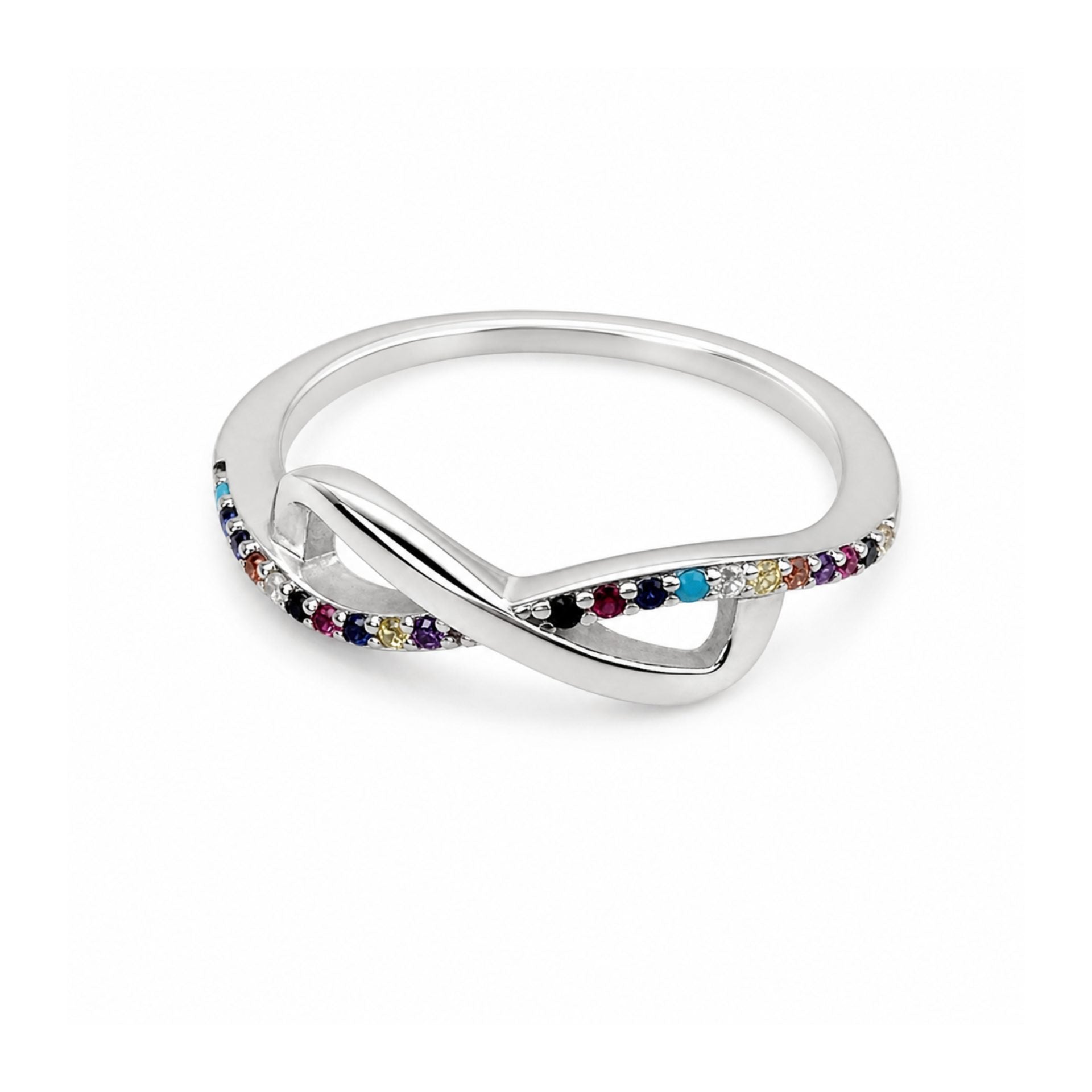 Inel din Argint 925, Model Infinit Mare, Design Ondulat cu Linie Suprapusa si Zirconii Colorate, Marime 51, Argintiu