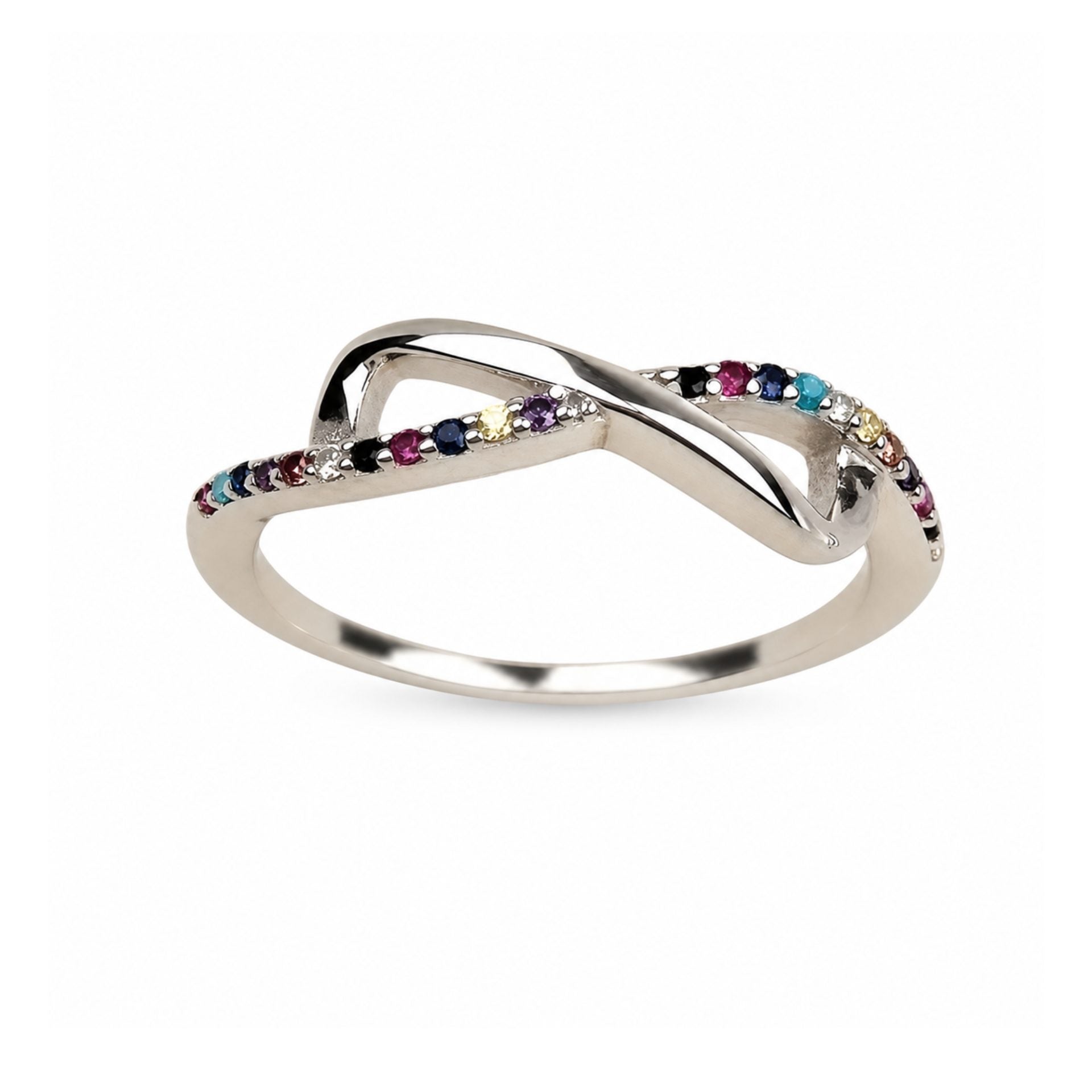 Inel din Argint 925, Model Infinit Mare, Design Conturat cu Linie Suprapusa si Zirconii Colorate, Marime 59, Argintiu