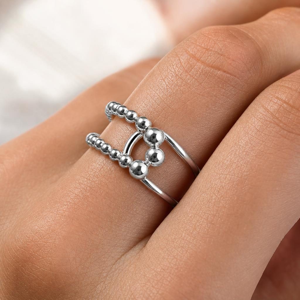 Inel din Argint 925 Reglabil, Design Deschis cu Benzi Suprapuse si Bilute Decorative, Greutate 3.545 g, Argintiu