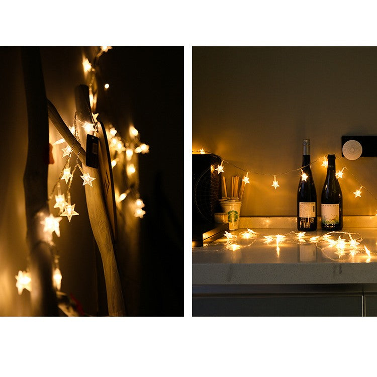 Instalatie Craciun, 1.5 metri, 10 LED-uri cu Ornament tip Stea, Alb Cald, USB lung, fir cupru, liniar, interior/exterior