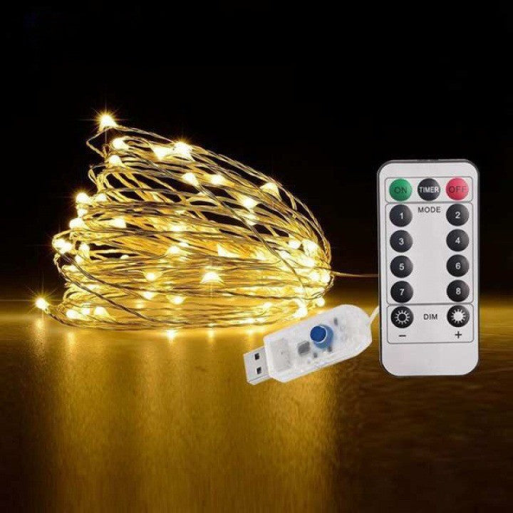 Instalatie Craciun, 10 metri, 100 LED-uri, alb cald, telecomanda 8 functii, USB, fir cupru, liniar, interior/exterior