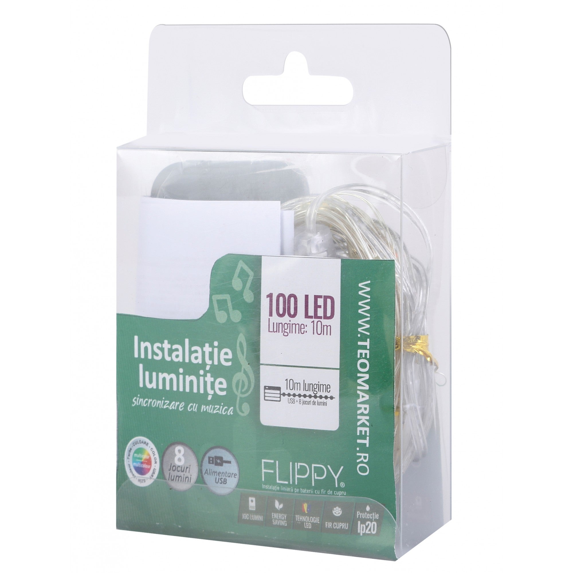 Instalatie Craciun, 10 metri, 100 LED-uri, multicolor RGB, sincronizare muzica, telecomanda 12 de functii, USB, fir cupru, liniar, interior/exterior