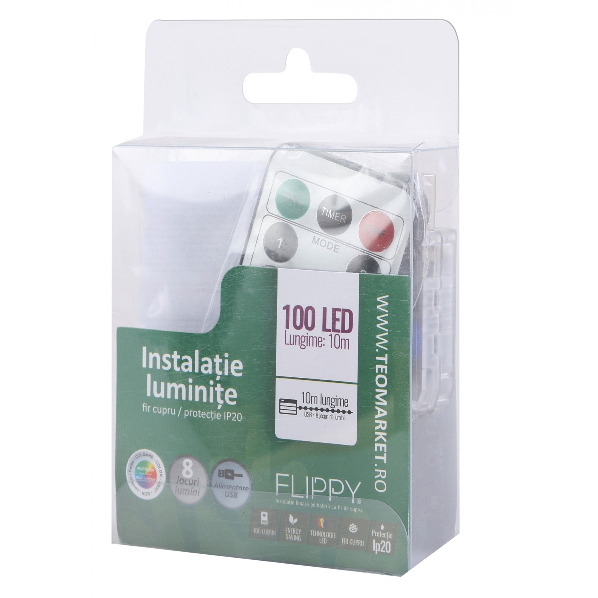 Instalatie Craciun, 10 metri, 100 LED-uri, multicolor, telecomanda 8 functii, USB, fir cupru, liniar, interior/exterior