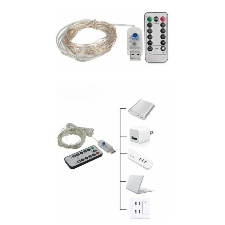 Instalatie Craciun, 10 metri, 100 LED-uri, USB, Telecomanda cu 8 functii, alb rece