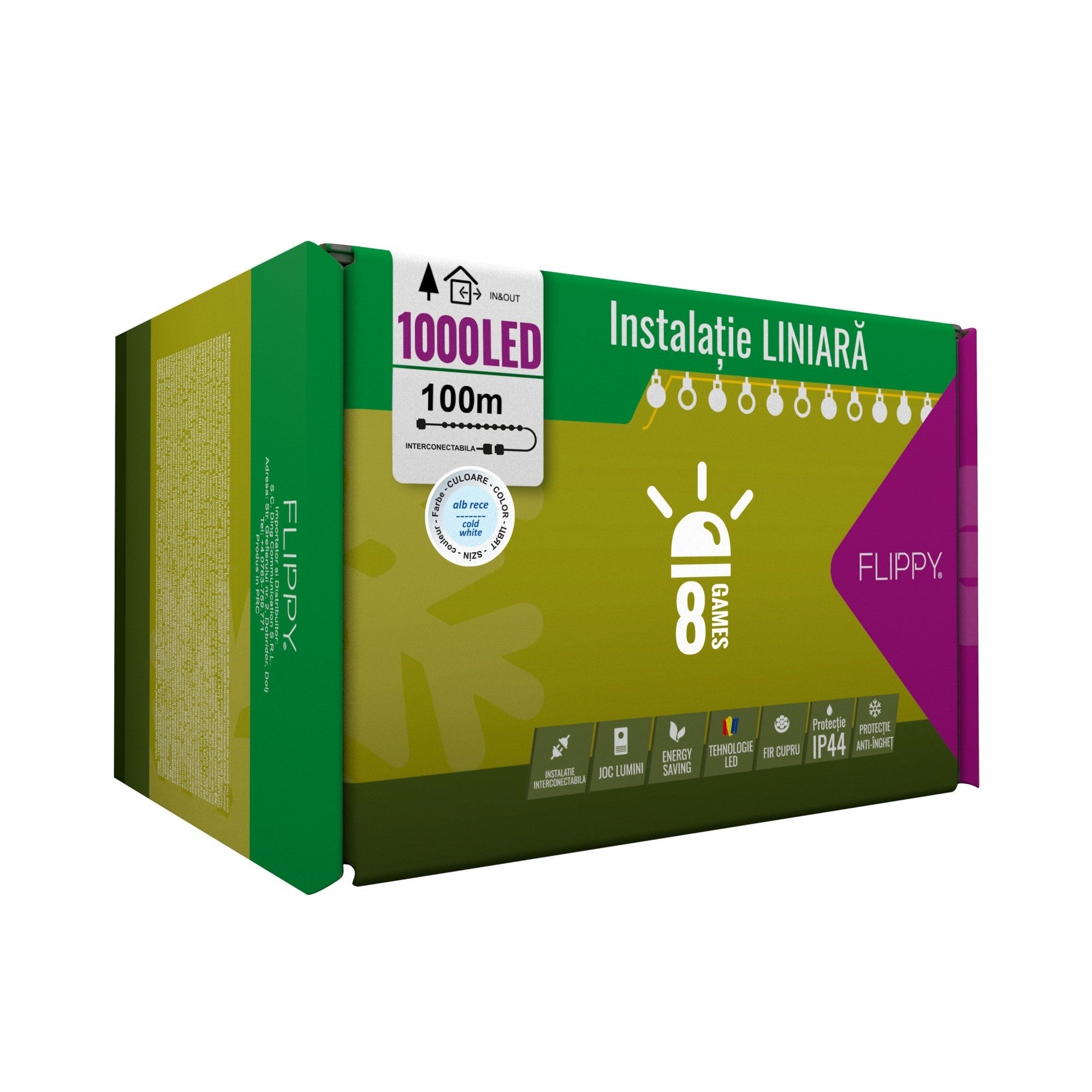 Instalatie Craciun, 100 m, 1000 Led-uri,Liniara, Alb rece, 8 jocuri de lumini, Transformator, Interconectabila, Prelungitor 5 m inclus, Fir Verde