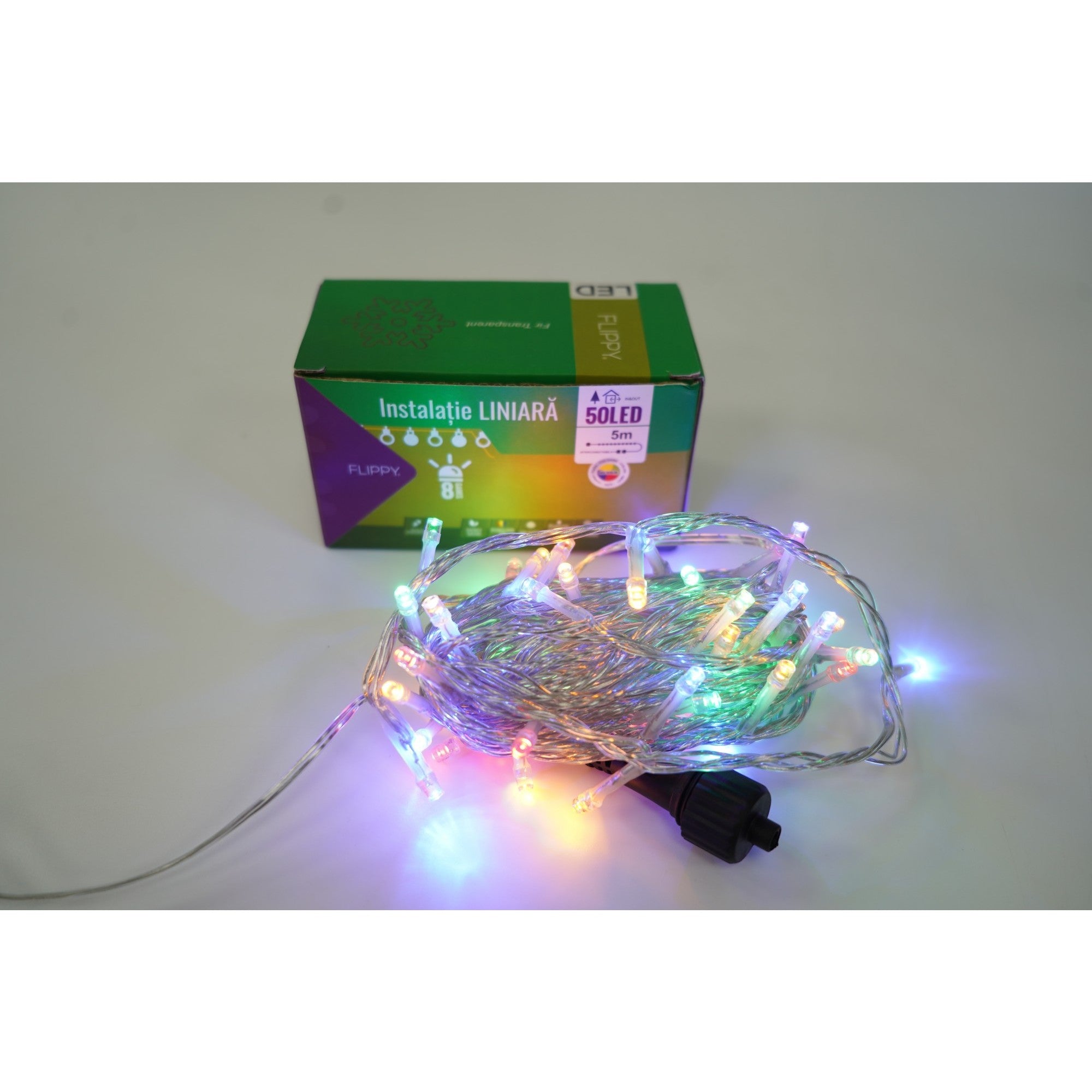 Instalatie Craciun, 105 m, 1050 Led-uri,Liniara, Multicolor, 8 jocuri de lumini, Transformator cu telecomanda, Interconectabila, Prelungitor 3 m inclus, Fir Transparent