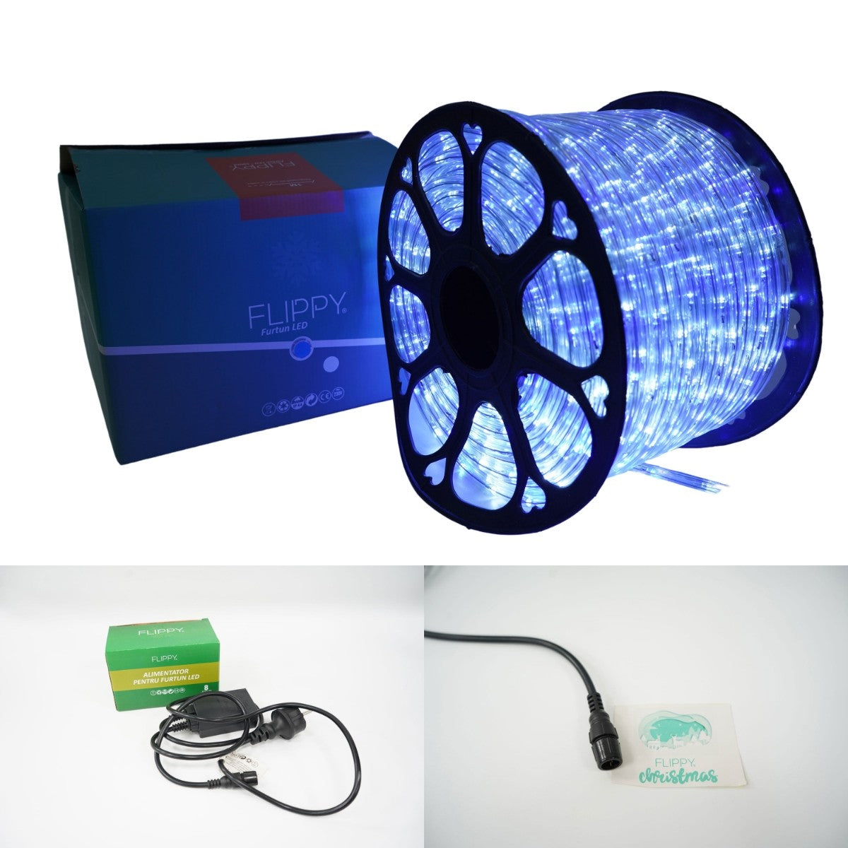 Instalatie Craciun, 12 m, 288 Led-uri, Furtun Luminos, Alb rece/ Albastru, Transformator, 8 jocuri de lumini, Sectionabila, 220 V