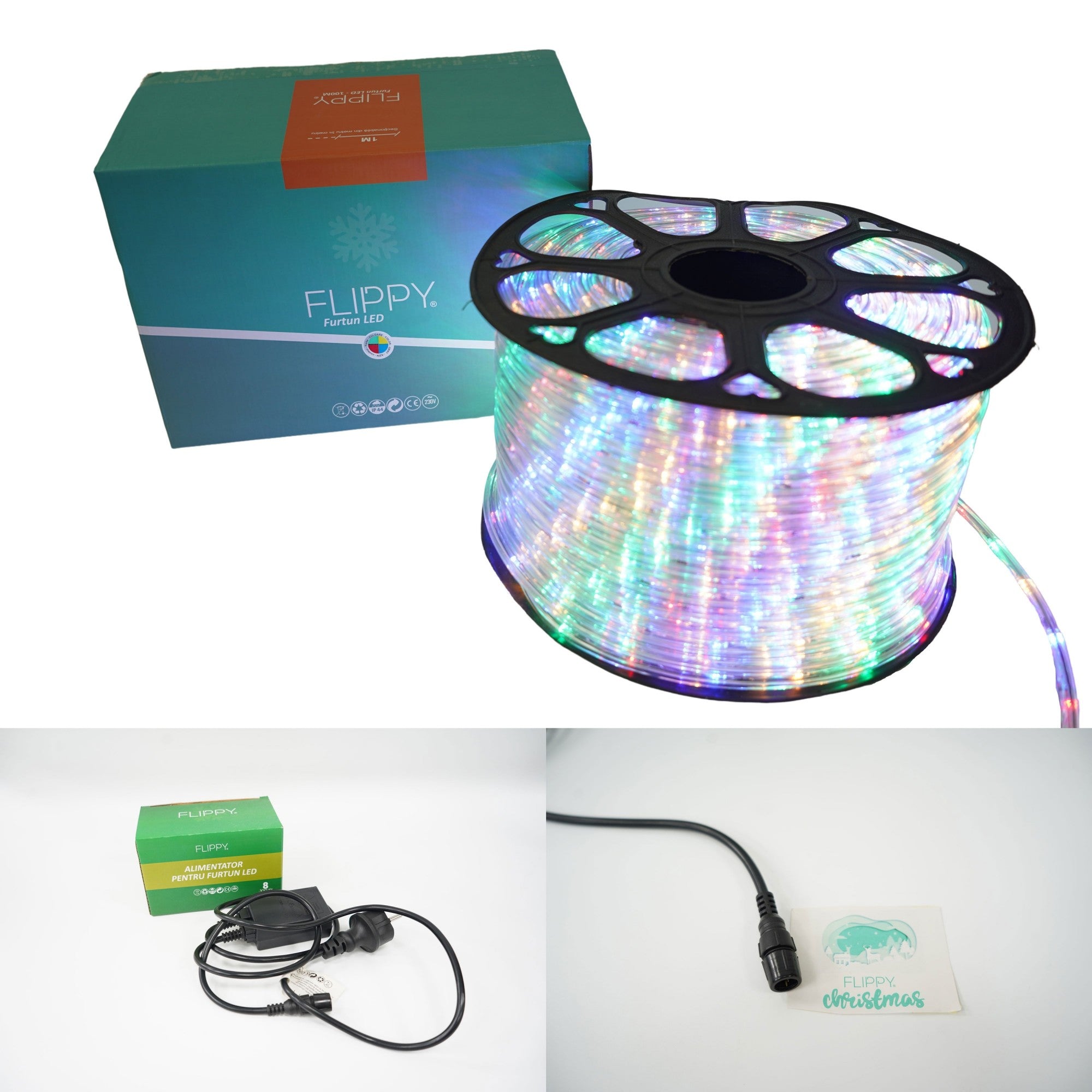 Instalatie Craciun, 13 m, 312 Led-uri, Furtun Luminos, Multicolor, Transformator, 8 jocuri de lumini, Sectionabila, 220 V, Flippy