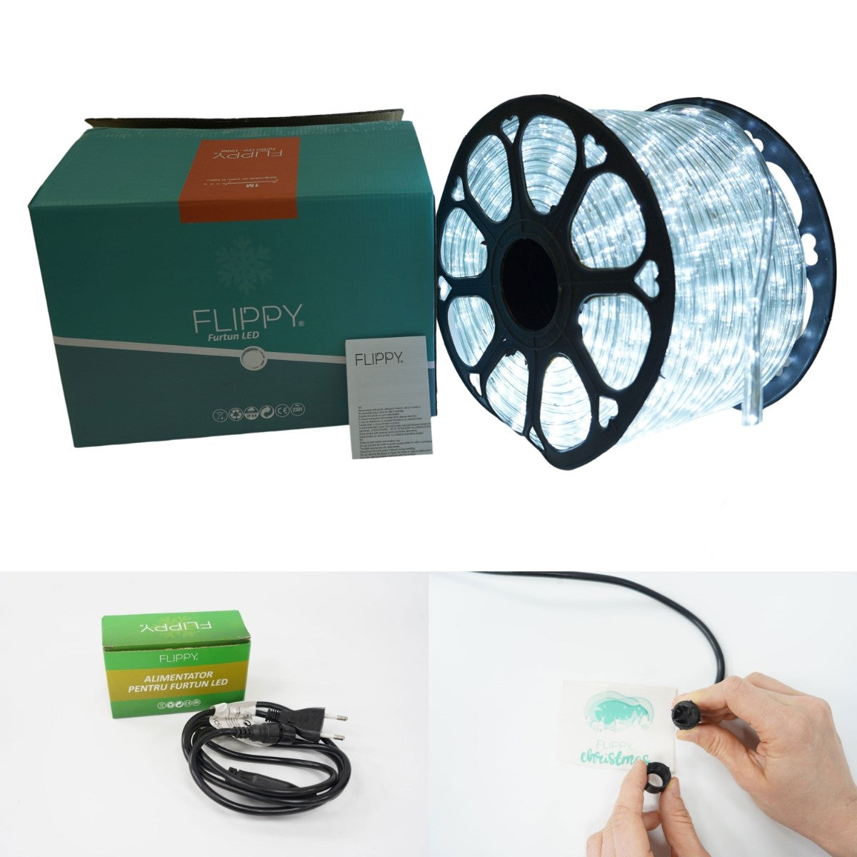 Instalatie Craciun, 16 m, 384 Led-uri, Furtun Luminos, Alb rece, Transformator, Sectionabila, 220 V