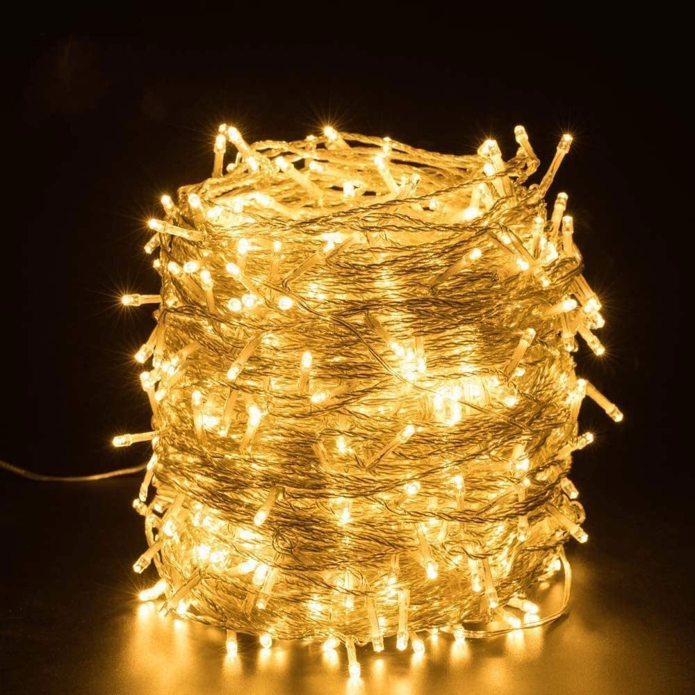 Instalatie Craciun, 16 m, 478 Led-uri,Franjuri, Alb cald, 8 jocuri de lumini, Transformator cu telecomanda, Interconectabila, Prelungitor 3 m inclus, Fir Transparent